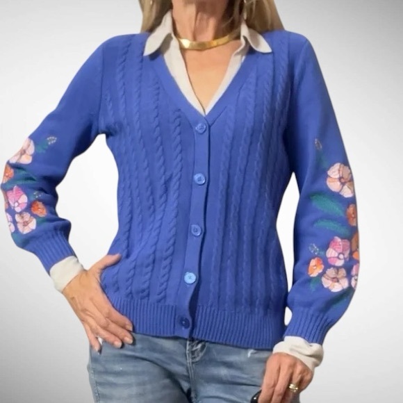 Talbots 100% Cotton Blue Ribbed Cardigan Embroidered Balloon Sleeves - Picture 1 of 11